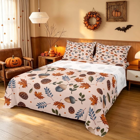Homewish Autumn Maple Acorn Bed Sheets, Pine Cone Full Size Sheets, Beige Brown, 4pcs (1 Flat Sheet, 1 Fitted Sheet and 2 Pillowcases)