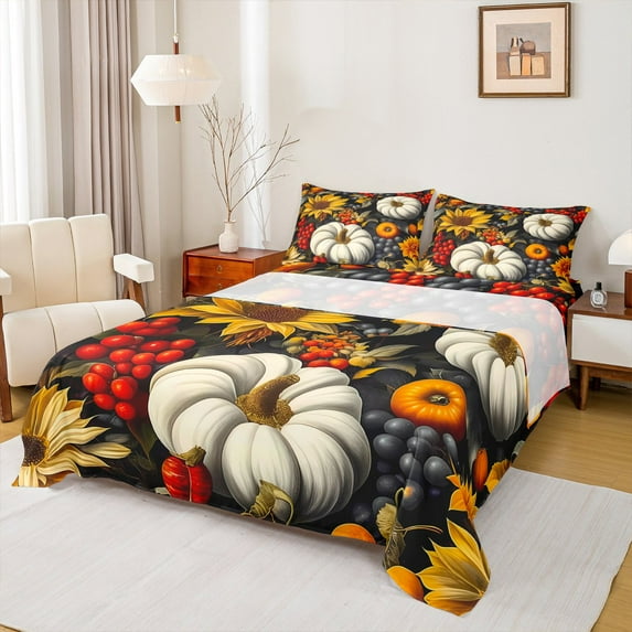 Homewish Autumn Pumpkin Sunflower Full Size Sheets,Rustic Berry Bed Sheets,Hello Fall Sheet Sets For Adults,Microfiber Bedroom Decor,4pcs