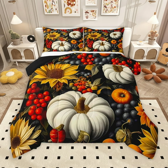 Homewish Autumn Pumpkin Sunflower Queen Comforter Set,Rustic Berry Bedding Sets,Hello Fall Bedding Comforter Set For Adults,Microfiber Bedroom Decor Reversible,3-Piece