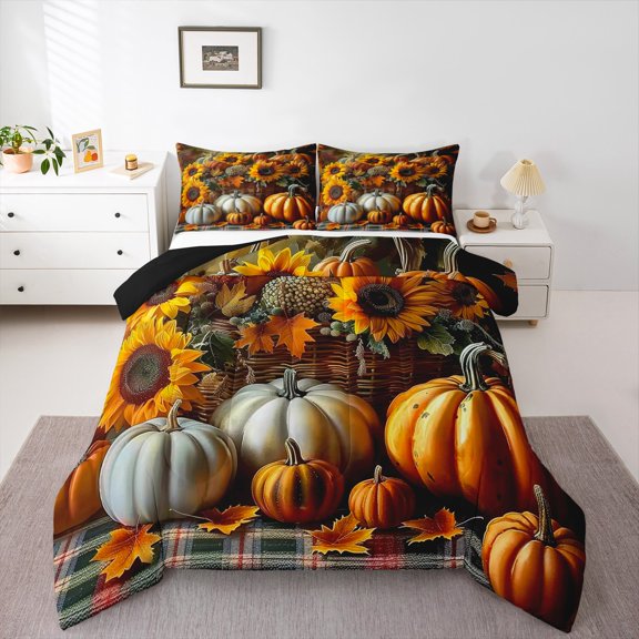 Homewish Autumn Sunflower Pumpkin 3 Pieces Queen Comforter Set For Female Men Adults,Farmhouse Harvest Ultra Soft Bedding Sets,Happy Fall Bedding Comforter Set,Luxury Bedroom Decor,Reversible