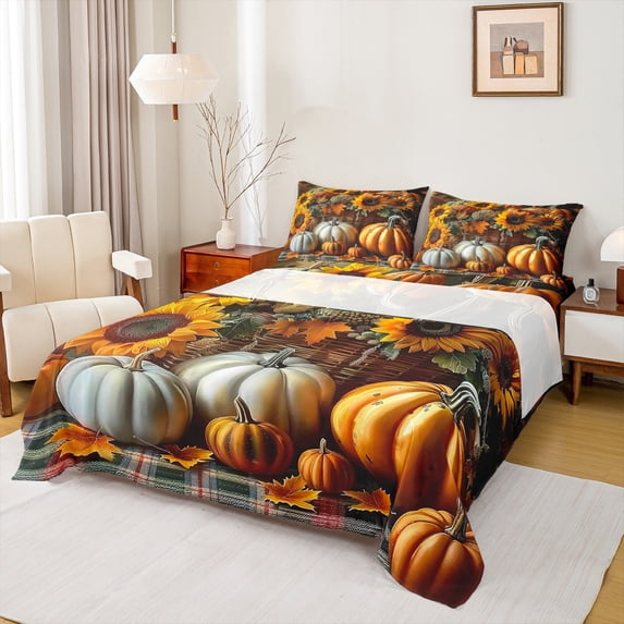 Homewish Autumn Sunflower Pumpkin 4-Piece Full Size Sheets For Female Men Adults,Farmhouse Harvest Bed Sheets,Happy Fall Lightweight Sheet Sets,Luxury Bedroom Decor
