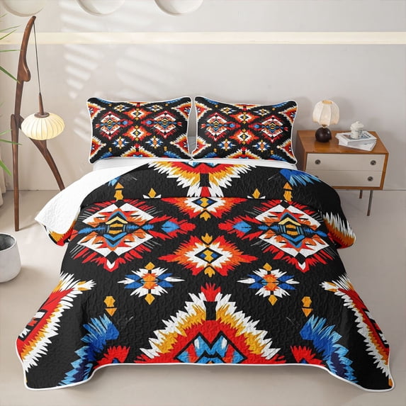 Homewish Aztec Geometric Rhombus Quilt King,Orange Black Bohemian King Coverlet Set,3 Pieces