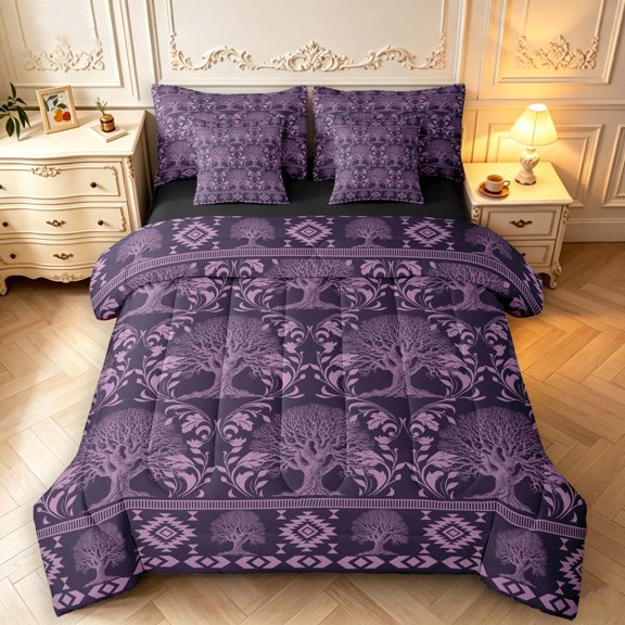 Homewish Aztec Nature Tree 7 Pieces Full Size Bedding Sets,Vintage Rhombus Geometric Full Size Bed in a Bag,Purple,Black Reversible