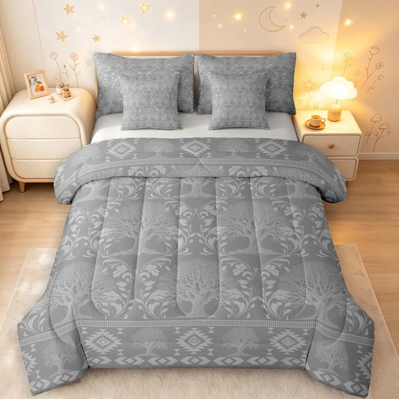 Homewish Aztec Nature Tree 7pcs Queen Bedding,Vintage Botanical Design Bedding Comforter Set Queen,Gray,Light Gray Reversible