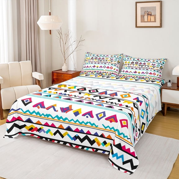 Homewish Aztec Pattern Queen Sheet Sets,Bohemain Gemetric Rhombus Flat Sheet,Colorful Triangle Rhombus Striped Queen Fitted Sheet For Men Women,Super Cozy Room Decor,4-Piece