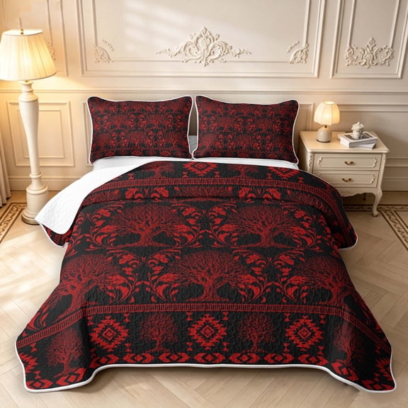 Homewish Aztec Tree Of Life Quilt Full,Vintage Botanical Full Bedspread Sets,Red Black,Black Reversible,3pcs