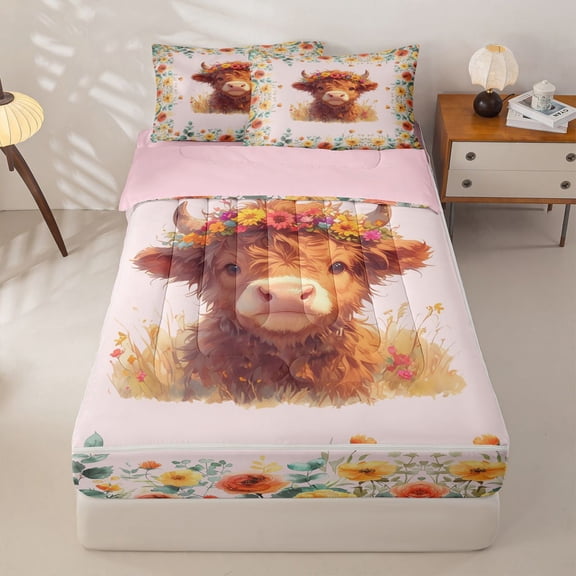 Homewish Baby Highland Cow Flower Crown Zipper Twin Comforter Sets with Fitted Sheet and 2 Pillowcases For Girls,Brown Pink Floral Zipper Bedding Set,Pink Reversible,4 Pieces
