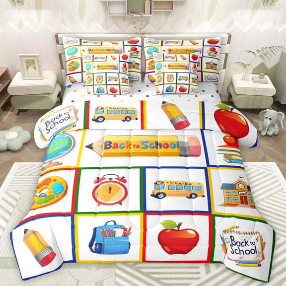 Homewish Back To School 7pcs Bedding Comforter Set,Ducational Learning Queen Bedding Sets,Kawaii Pencil Bus Queen Sheet Sets For Teens,Breathable Home Decor Reversible