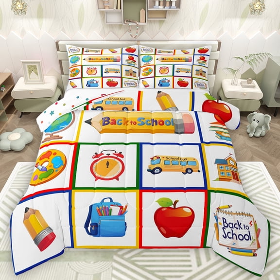 Homewish Back To School Bedding Comforter Set,Ducational Learning Twin Comforter Sets,Kawaii Pencil Bus Bedding Set For Teens,Breathable Home Decor Reversible,2-Piece