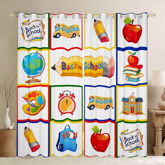 Homewish Back To School Curtains Pack of 2 (42x84 Each),Ducational Learning Curtains Blackout,Kawaii Pencil Bus Bedroom Curtains For Teens,Breathable Home Decor