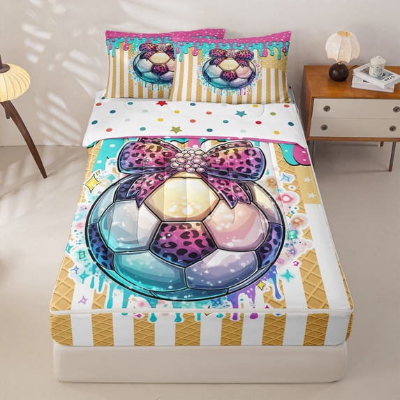 Homewish Ball Games Kids Zipper Full Size Comforter Sets with Fitted Sheet and 2 Pillowcases,Soccer Ice Cream Leopard Print Bowknot Zipper Bedding Set For Football Girls,Reversible,4 Pieces