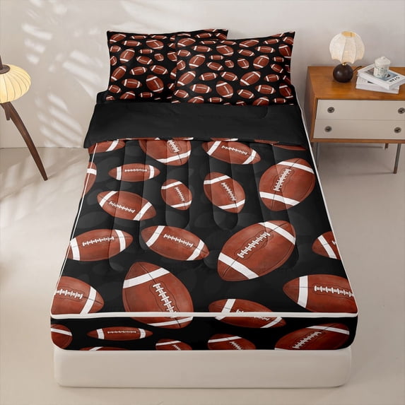 Homewish Ball Games Zipper Full Size Comforter Sets with Fitted Sheet and 2 Pillowcases For Kids,American Rugby Football Gaming Zipper Bedding Set,Black Reversible,4-Piece