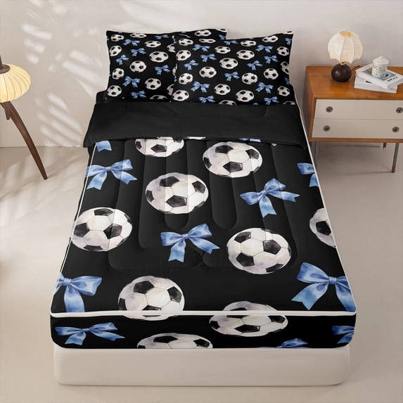Homewish Ball Games Zipper Twin Comforter Sets with Fitted Sheet and 2 Pillowcases For Football Boys,Blue Cute Bows Girls Zipper Bedding Set,Black Reversible,4-Piece