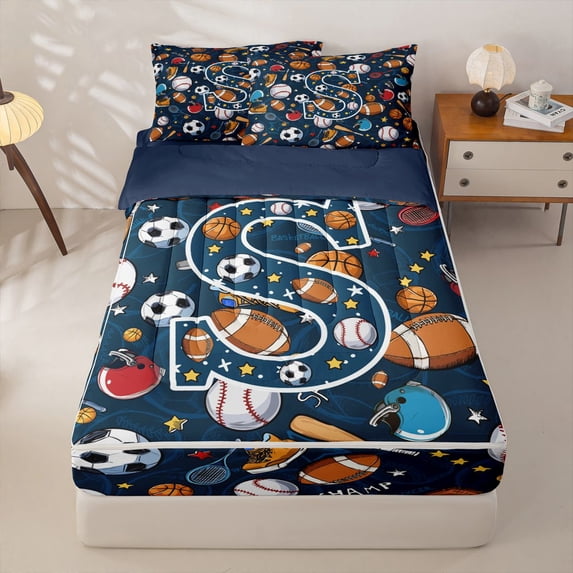 Homewish Ball Print Initial Letter S Zipper Twin Comforter Sets with Fitted Sheet and 2 Pillowcases,Boys Ball Sport Baseball Football Pattern Zipper Bedding Set,Navy Blue Reversible,4 Pieces