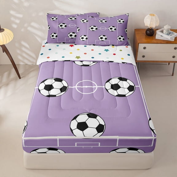 Homewish Ball Sport Games Zipper Twin Comforter Sets with Fitted Sheet and 2 Pillowcases,Cartoon Football Soccer Pattern Zipper Bedding Set For Kids Boys,Reversible,4 Pieces