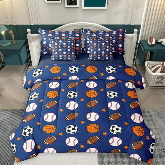 Homewish Ball Sport Lovers 7-Piece Twin Bedding Sets,Basketball Football Baseball Bedding Comforter Set,Deepblue White Browne Sheet Sets For Boys Kids,Ultra Soft Home Decor Reversible
