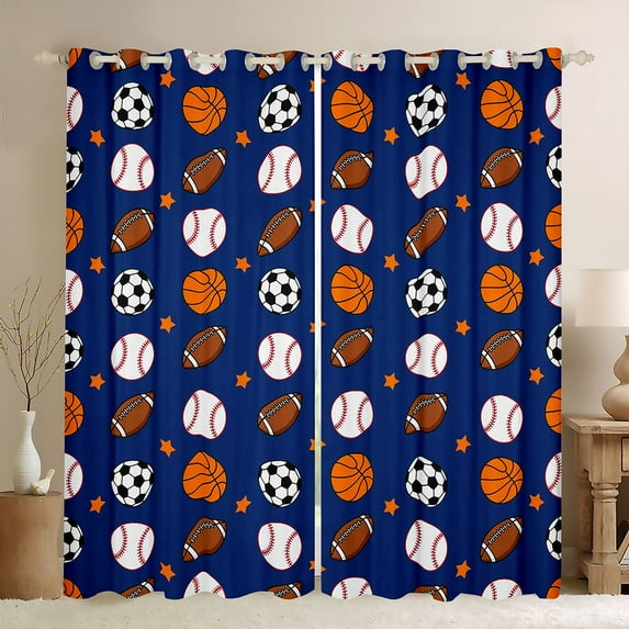 Homewish Ball Sport Lovers Black Out Curtains,Basketball Football Baseball Curtains Pack of 2 (42x63 Each),Deepblue White Browne Bedroom Curtains For Boys Kids,Ultra Soft Home Decor