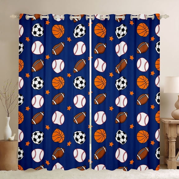 Homewish Ball Sport Lovers Black Out Curtains,Basketball Football Baseball Curtains Pack of 2 (42x63 Each),Deepblue White Browne Bedroom Curtains For Boys Kids,Ultra Soft Home Decor