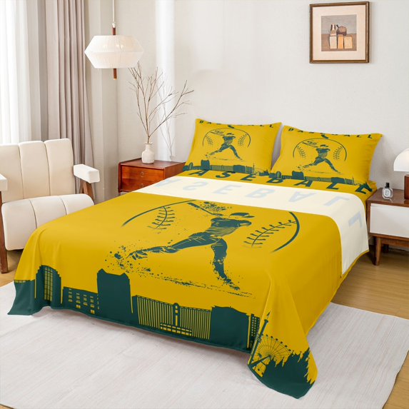 Homewish Ball Sports Athlete Full Size Sheets, Cartoon Baseball Player Bed Sheets, Teen Kid Child Sheet Sets, Yellow Green Breathable Home Decor, 4-Piece