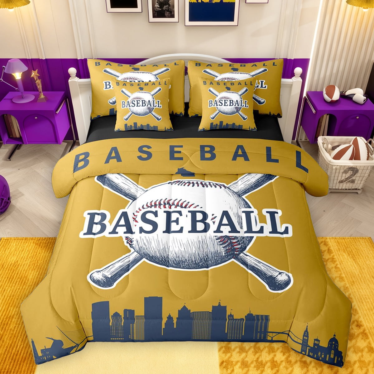 Homewish Vintage Baseball Print Bedding Comforter Set 7pcs for Boy
