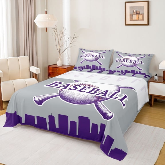 Homewish 3-Piece Ball Sports Player Twin Sheet Set, Grey Purple Baseball Teens Kids Decor