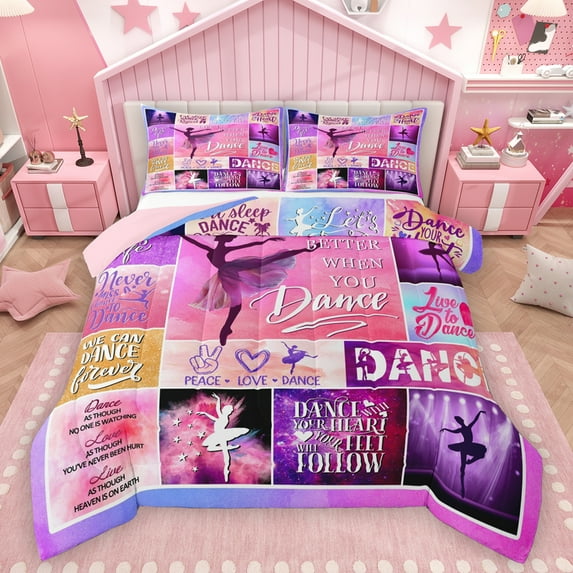 Homewish Ballet Dancer Queen Comforter Set,Ballerina Girl Bedding Sets,Pink Patchwork Plaid Bedding Comforter Set For Kids,Breathable Home Decor Reversible,3-Piece