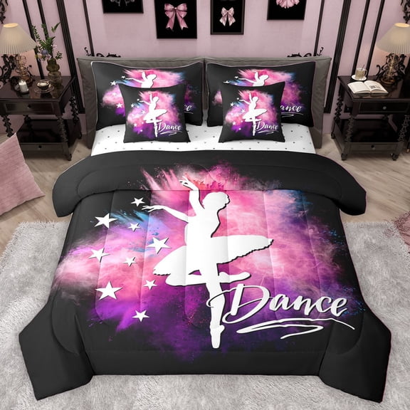 Homewish Ballet Girl Bedding Comforter Set 7-Piece for Kids Adults Teens,Abstract Gradient King Bedding Sets,Dance Theme Ultra Soft Bed Sheets,Breathable Home Decor,Reversible