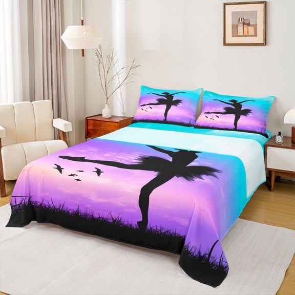 Homewish Ballet Girl Twin Sheet Sets,Ballerina Dancer Twin Fitted Sheet,Purple Blue Black Flat Sheet For Girls Kids,Luxury Bedroom Decor,3 Pieces