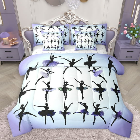 Homewish Ballet Girls 7pcs Bedding Comforter Set,Ballerina Dancer Queen Bedding Sets,White Purple Queen Sheet Sets For Princess,Super Cozy Room Decor