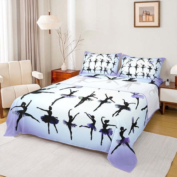 Homewish Ballet Girls Bed Sheets,Ballerina Dancer King Sheets,White Purple Sheet Set For Princess,Super Cozy Room Decor,4pcs