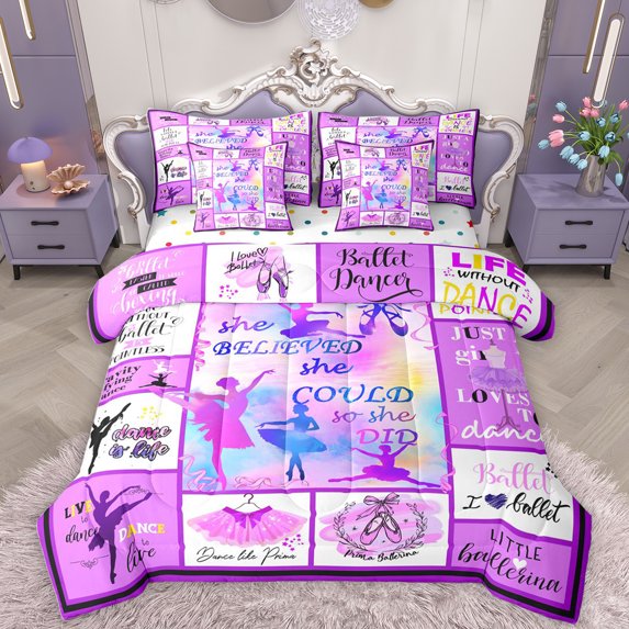 Homewish Ballet Lovers 7-Piece Twin Bedding Sets,Ballerina Girls Bedding Comforter Set,Pink Patchwork Plaid Sheet Sets For Kids,Microfiber Bedroom Decor Reversible