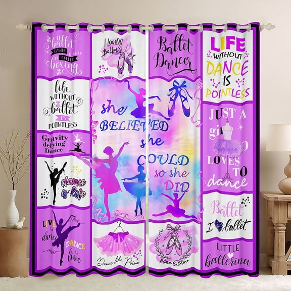 Homewish Ballet Lovers Black Out Curtains,Ballerina Girls Curtains Pack of 2 (42x63 Each),Pink Patchwork Plaid Bedroom Curtains For Kids,Microfiber Bedroom Decor