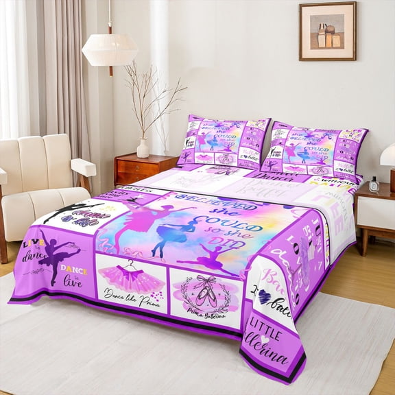 Homewish Ballet Lovers Twin Sheet Sets,Ballerina Girls Twin Fitted Sheet,Pink Patchwork Plaid Flat Sheet For Kids,Microfiber Bedroom Decor,3pcs
