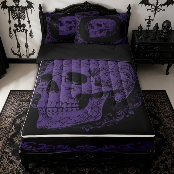 Homewish Baroque Antique Skull Zipper Full Size Comforter Sets with Fitted Sheet and 2 Pillowcases for Kids, Lavender Mandala Floral Zipper Bedding Set, Black Reversible, 4pcs