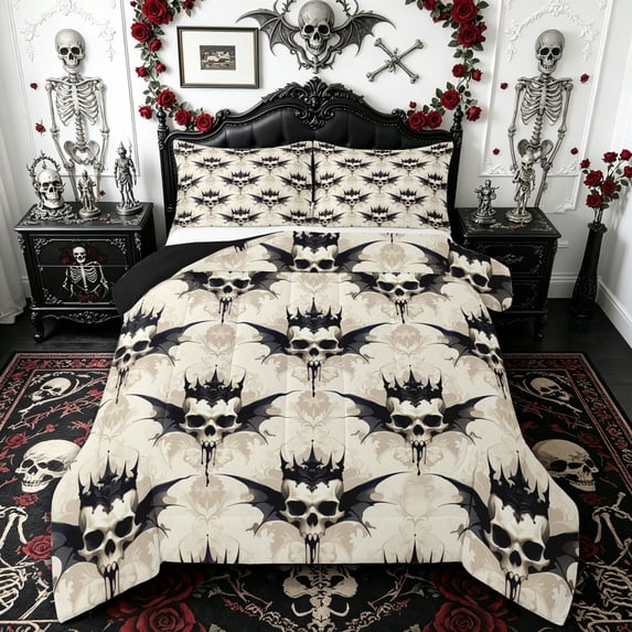 Homewish Baroque Bat Crown Skull Full Size Comforter Sets for Kids, Cream Gothic Drip Winged Skeleton Bedding Comforter Set, Black Reversible, 3-Piece, 1 Comforter and 2 Pillowcases
