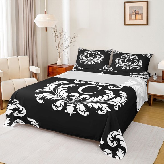 Homewish Baroque Damask Pattern Full Size Sheets,White Letter C Bed Sheets,Ancient Baroque Print Sheet Sets For Men Women,Lightweight Room Decoration,4pcs