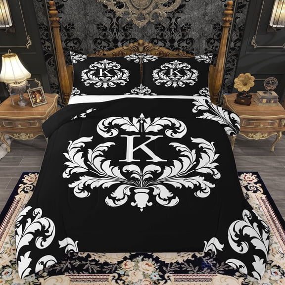 Homewish Baroque Damask Pattern Queen Comforter Set,White Letter K Bedding Sets,Ancient Baroque Print Bedding Comforter Set For Men Women,Lightweight Room Decoration Reversible,3pcs