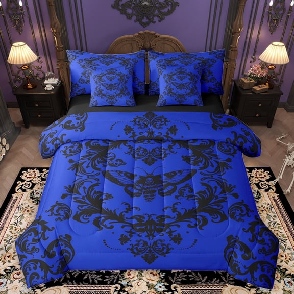 Homewish Baroque Floral 7-Piece Bedding Comforter Set,Boho Mothgothic Skull King Bedding Sets,Black Blue Bed Sheets For Adults,Microfiber Bedroom Decor Reversible