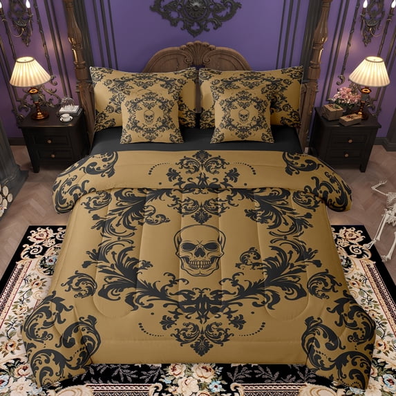 Homewish Baroque Floral 7-Piece Twin Bedding Sets,Gothic Skull Halloween Skeleton Bedding Comforter Set,Black Brown Sheet Sets For Adults,Microfiber Bedroom Decor Reversible