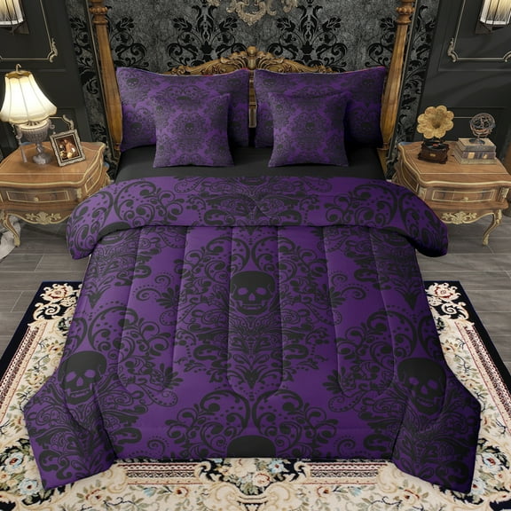 Homewish Baroque Floral 7-Piece Twin Bedding Sets,Spooky Ghothic Skeleton Bedding Comforter Set,Black Purple Sheet Sets For Adults,Ultra Soft Bedroom Decoration Reversible