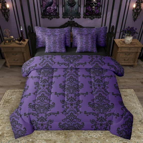 Homewish Baroque Floral 7-Piece Twin Bedding Sets,Victorian Flower Print Bedding Comforter Set,Retro Damask Jacquard Sheet Sets For Adults,Ultra Soft Bedroom Decoration Reversible