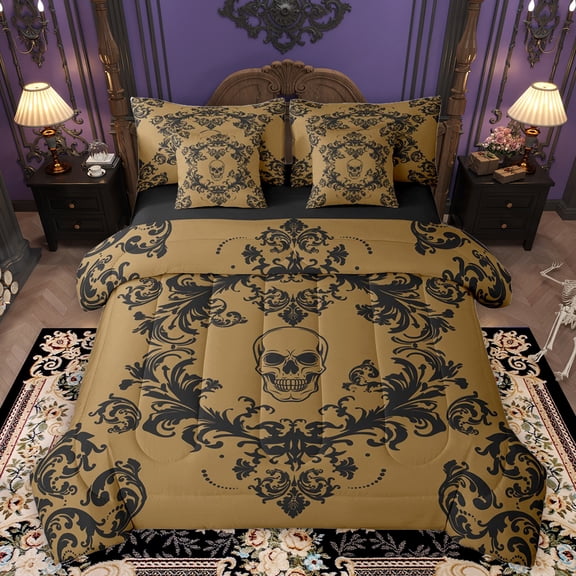 Homewish Baroque Floral 7 Pieces Bedding Comforter Set,Gothic Skull Halloween Skeleton Full Bedding Set,Black Brown Fitted Sheet Flat Sheet For Adults,Microfiber Bedroom Decor Reversible