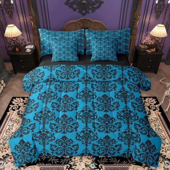 Homewish Baroque Floral 7pcs Bedding Comforter Set,Retro Victorian Queen Bedding Sets,Blue Black Queen Sheet Sets For Adults,Microfiber Bedroom Decor Reversible