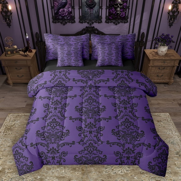 Homewish Baroque Floral 7pcs Bedding Comforter Set,Victorian Flower Print Queen Bedding Sets,Retro Damask Jacquard Queen Sheet Sets For Adults,Ultra Soft Bedroom Decoration Reversible