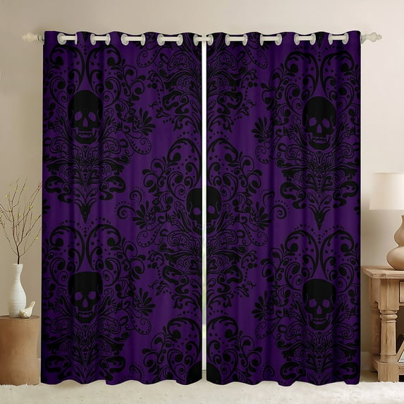 Homewish Baroque Floral Black Out Curtains,Spooky Ghothic Skeleton Curtains Pack of 2 (42x63 Each),Black Purple Bedroom Curtains For Adults,Ultra Soft Bedroom Decoration