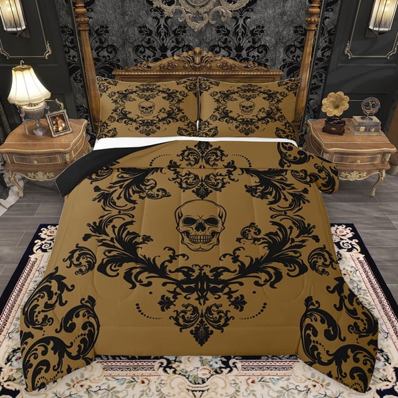 Homewish Baroque Floral Queen Comforter Set,Gothic Skull Halloween Skeleton Bedding Sets,Black Brown Bedding Comforter Set For Adults,Microfiber Bedroom Decor Reversible,3-Piece