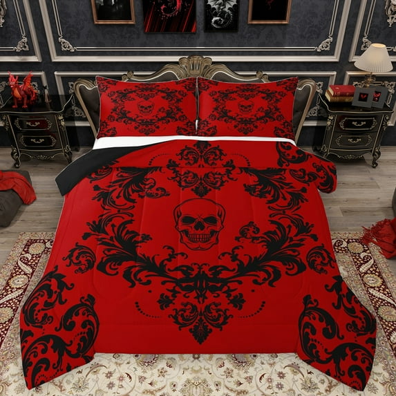 Homewish Baroque Floral Queen Comforter Set,Retro Victorian Gothic Skull Bedding Sets,Red Black Bedding Comforter Set For Adults,Microfiber Bedroom Decor Reversible,3pcs