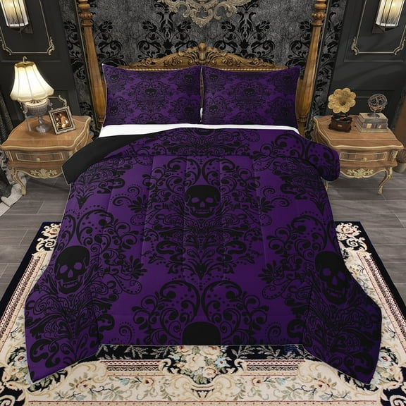 Homewish Baroque Floral Queen Comforter Set,Spooky Ghothic Skeleton Bedding Sets,Black Purple Bedding Comforter Set For Adults,Ultra Soft Bedroom Decoration Reversible,3 Pieces