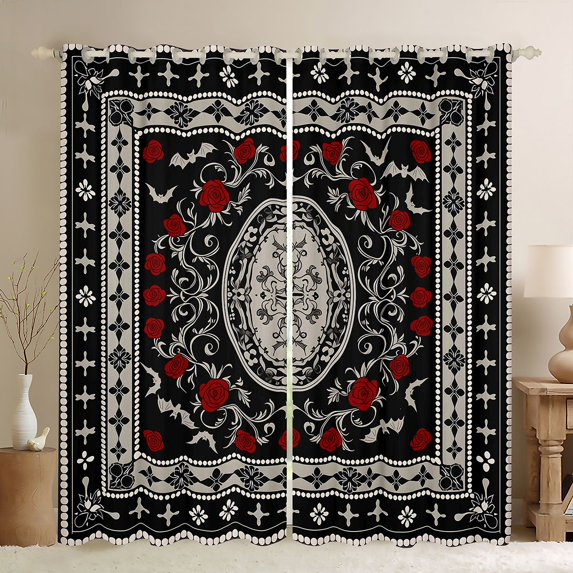 Homewish Baroque Rose Kitchen Curtains, Retro Floral Black Out Curtains Pack of 2 (42x63 Each), Black Red Off White