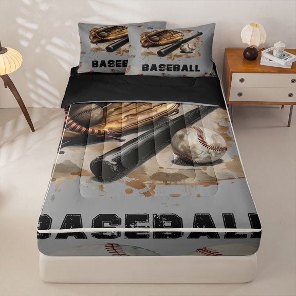 Homewish Baseball Artwork Zipper Twin Comforter Sets with Fitted Sheet and 2 Pillowcases,Kids Ball Sport Games Zipper Bedding Set For Boys Men,Black Reversible,4-Piece